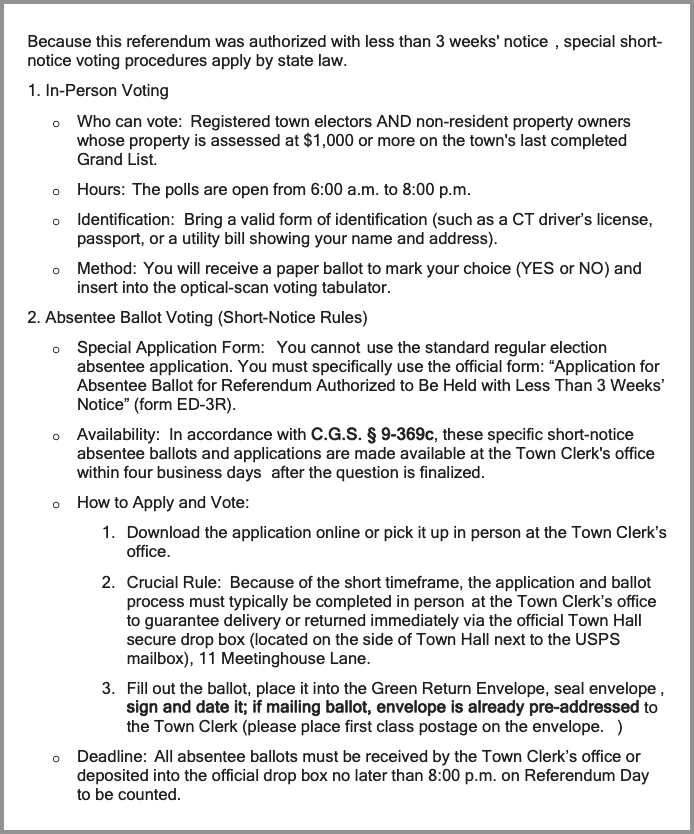 Town Clerk’s instructions for the Beecher referendum: special short-notice procedures for in-person voting and absentee ballots, including the required ED-3R application form and the 8:00 p.m. Referendum Day deadline.